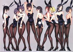  6+girls :3 animal_ears armpits ass ass_support backless_dress backless_outfit bare_shoulders black_bow black_bowtie black_hair black_leotard blue_leotard blush bow bowtie braid breasts brown_hair closed_mouth covering_breasts covering_crotch covering_face covering_privates detached_collar dress earrings embarrassed expressionless fake_animal_ears fishnet_pantyhose fishnets full_body grey_background groping hair_ornament hair_over_shoulder hairband hairclip hiding hiding_behind_another high_heels highres jewelry large_breasts leotard long_hair long_legs looking_at_another looking_at_viewer looking_down medium_breasts mole mole_under_eye multiple_girls non-web_source original pantyhose parted_bangs parted_lips photoshop_(medium) playboy_bunny purple_hair rabbit_ears rabbit_tail short_hair simple_background smile spread_ass standing strapless strapless_leotard stretching tail tsukino_wagamo twin_braids wrist_cuffs 