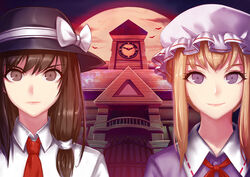  2girls balcony bat_(animal) blonde_hair brown_eyes brown_hair clock clock_tower commentary_request expressionless full_moon gate hat hat_ribbon ironwork iyokamioto light_smile lips looking_at_viewer maribel_hearn mob_cap moon multiple_girls necktie photoshop_(medium) purple_eyes red_necktie ribbon scarlet_devil_mansion short_hair side_ponytail touhou tower upper_body usami_renko 