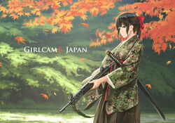  adapted_uniform assault_rifle black_eyes black_hair bow camouflage commentary_request copyright_name cover cover_page doujin_cover female frown girlcam_(tanto) gun gun_sling hairbow hakama hakama_skirt highres howa_type_89 japan_ground_self-defense_force japan_self-defense_force japanese_clothes katana leaf long_hair maple_leaf military nature obi outdoors photoshop_(medium) ponytail rifle sash serious sidelocks skirt soldier solo sword tanto_(tc1995) weapon wind 