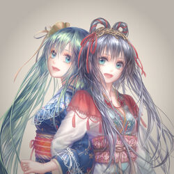  2girls :d aqua_eyes aqua_hair back-to-back blue_eyes blue_kimono chinese_commentary commentary_request grey_background grey_hair hair_between_eyes hair_ornament hair_ribbon hair_rings hatsune_miku japanese_clothes kimono locked_arms long_hair long_sleeves looking_at_viewer luo_tianyi mayoimayoi multiple_girls obi open_mouth print_kimono red_ribbon ribbon sash short_hair_with_long_locks smile twintails upper_body very_long_hair vocaloid vsinger white_kimono 