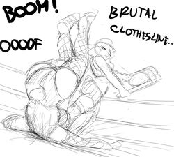  anthro big_breasts black_and_white bovid breasts caprine cleavage clothed clothing dialogue duo english_text female fight hi_res hladilnik imminent_pain jane_doe_(hladilnik) lagomorph leporid mammal metal_chair monochrome pro_bun_(hladilnik) rabbit text wrestling wrestling_match 