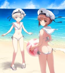  2girls :d alternate_costume ass ball beach beachball bikini blue_eyes brown_eyes brown_hair butt_crack cloud commentary_request cosplay day grey_hair hat holding holding_ball hyuuga_takashi kantai_collection looking_at_viewer looking_back lowleg lowleg_bikini matching_outfits multiple_girls ocean open_mouth outdoors sailor_bikini sailor_collar sandals short_hair side-tie_bikini_bottom smile standing swimsuit water white_bikini white_hat white_sailor_collar z1_leberecht_maass_(kancolle) z3_max_schultz_(kancolle) z3_max_schultz_(kancolle)_(cosplay) z3_max_schultz_(swimsuit_mode)_(kancolle) 