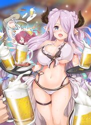  3girls ahoge alcohol anna_(granblue_fantasy) bad_id bad_twitter_id bare_shoulders beer beer_mug bikini blood blue_eyes blue_hair blush bouncing_breasts breasts closed_eyes cup demon_horns draph dress earrings food front-tie_top granblue_fantasy hair_ornament hair_over_one_eye hat highres holding holding_cup horns ikayaki inactive_account jewelry katoo_hironobu large_breasts light_purple_hair long_hair looking_at_viewer lyria_(granblue_fantasy) mug multiple_girls narmaya_(granblue_fantasy) narmaya_(summer)_(granblue_fantasy) official_alternate_costume open_mouth out_of_frame pointy_ears pov pov_hands red_hair smile spilling swimsuit thigh_strap tray white_bikini 