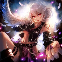  60mai \n/ alternate_costume arm_warmers bare_shoulders belt black_belt black_bra black_footwear black_vest boots bra braid breasts chains comiket_94 commentary_request earrings feathered_wings feathers female foreshortening french_braid hair_between_eyes head_tilt hip_vent jewelry kishin_sagume knee_boots leather_vest looking_at_viewer nail_polish navel open_mouth punk purple_nails purple_skirt red_eyes short_hair shoulder_tattoo single_wing skirt smile solo south_of_heaven stomach studded_belt tattoo thigh_strap thighs touhou underboob underwear vest white_hair wings 