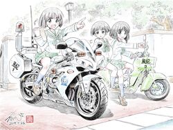  3girls angry artist_name black_eyes black_hair black_legwear black_neckerchief blouse blunt_bangs bob_cut brown_footwear clipboard colored_pencil_(medium) commentary dated day emblem girls_und_panzer gotou_moyoko green_skirt highres holding konparu_nozomi kubota_shinji lamppost loafers long_sleeves miniskirt motor_vehicle motorcycle multiple_girls neckerchief on_motorcycle ooarai_(emblem) ooarai_school_uniform outdoors pleated_skirt pointing police police_motorcycle riding school_uniform serafuku shirt shoes short_hair signature sitting skirt socks sono_midoriko traditional_media tree vehicle_request watermark white_shirt 