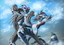  2015 amber_eyes anthro curved_horn day detailed_background digital_media_(artwork) dragon duo featureless_crotch felid fur grey_body grey_fur horn hybrid jackrow male mammal mythological_creature mythological_scalie mythology outside pantherine scales scalie sky striped_body striped_fur stripes tail tiger wairu white_body white_fur 