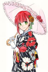  absurdres akagami_no_shirayukihime asymmetrical_hair black_kimono bracelet commentary_request earrings female floral_print flower gloves green_eyes hair_flower hair_ornament highres japanese_clothes jewelry kimono marker_(medium) minakami_atsumu nib_pen_(medium) obi red_hair sash shirayuki_(akagami_no_shirayukihime) short_hair simple_background solo traditional_media umbrella white_gloves 