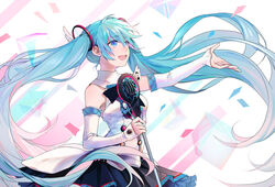  :d black_skirt blue_eyes blue_hair commentary_request detached_sleeves female floating_hair hair_between_eyes hat hatsune_miku highres holding holding_microphone long_hair magical_mirai_(vocaloid) magical_mirai_miku magical_mirai_miku_(2017) microphone microphone_stand microphone_wand miniskirt open_mouth outstretched_arm photoshop_(medium) pleated_skirt shirt skirt sleeveless sleeveless_shirt smile solo standing twintails very_long_hair vocaloid wand white_shirt xianyu314 