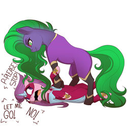  1:1 2016 bodily_fluids clothing costume dialogue digital_media_(artwork) duo english_text equid equine evehly female feral friendship_is_magic green_hair hair hasbro hi_res horn horse idw_publishing looking_back lying mammal mane-iac_(mlp) masked_matter-horn_(mlp) my_little_pony my_little_pony_(idw) mythological_creature mythological_equine mythology on_back pinned pony prehensile_hair purple_eyes purple_hair saliva simple_background superhero supervillain text unicorn white_background 