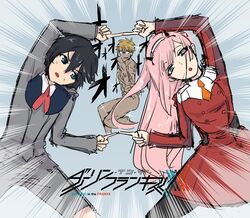  2boys arm_up bangs black_hair black_legwear blonde_hair blue_eyes commentary_request couple darling_in_the_franxx dragon_ball dragon_ball_z eyebrows_visible_through_hair female finger_touching fusion_dance glasses gorou_(darling_in_the_franxx) green_eyes hair_ornament hairband hiro_(darling_in_the_franxx) horns leaning_to_the_side long_hair long_sleeves looking_at_another looking_at_viewer military military_uniform multiple_boys necktie oni_horns pantyhose parody pink_hair red_horns red_neckwear short_hair straight style_parody uniform val_(escc4347) white_hairband zero_two_(darling_in_the_franxx) 