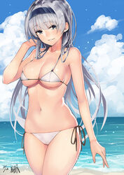  artist_name beach bikini blue_sky blush breasts cleavage cloud cloudy_sky collarbone commentary_request cowboy_shot day female grey_eyes hairband half-closed_eyes hand_up kawakami_masaki large_breasts long_hair looking_at_viewer micro_bikini ocean original outdoors parted_lips side-tie_bikini_bottom sidelocks signature silver_hair sky smile solo standing swimsuit tsurime white_bikini 