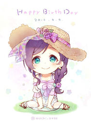  ankle_lace-up between_legs bow braid breasts chibi cleavage commentary_request cross-laced_footwear dated detached_sleeves dress earrings female flower green_eyes hair_flower hair_ornament hand_between_legs happy_birthday hat hat_bow hat_flower jewelry jpeg_artifacts large_breasts long_hair looking_at_viewer love_live! love_live!_school_idol_festival love_live!_school_idol_project purple_hair sakuramochi_n side_braid single_braid sitting smile solo straw_hat sun_hat tojo_nozomi twitter_username wariza 