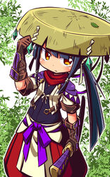  arm_up black_hair blush brown_eyes brown_gloves brown_hat closed_mouth commentary_request crystal elbow_gloves female fuurai_(sekaiju) gloves hand_on_headwear hat holding holding_sheath jacket katana leaf long_hair looking_at_viewer naga_u pants puffy_pants red_pants sandogasa sekaiju_no_meikyuu sekaiju_to_fushigi_no_dungeon sheath sheathed short_sleeves sidelocks solo sword very_long_hair weapon white_background white_jacket 