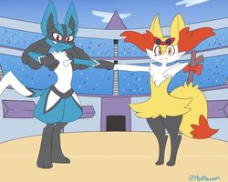  1boy animal_ear_fluff animal_ears arms_up artist_name blue_sky bow braixen clenched_hands closed_mouth cloud creatures_(company) day eyewear_on_head female fist_bump fox_ears fox_tail full_body furry game_freak gen_4_pokemon gen_6_pokemon highres jpeg_artifacts looking_at_viewer lucario mezmaroon nintendo no_humans orange_eyes outdoors outstretched_arm paws pokemon pokemon_(creature) red-framed_eyewear red_bow red_eyes sky stadium standing stick sunglasses tail twitter_username wolf_ears 