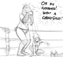  anthro bear_hug big_breasts black_and_white bovid breasts caprine clothed clothing dialogue english_text equid equine female hi_res hladilnik horse jane_doe_(hladilnik) mammal mask monochrome sheep text tinker_(hladilnik) wrestling wrestling_match 