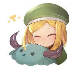  babe_(fate) beret blonde_hair blush bull closed_eyes commentary_request fate/grand_order fate_(series) female green_hat hat holy_grail_(fate) paul_bunyan_(fate) protected_link short_hair simple_background smile teko upper_body white_background 