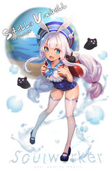  animal_ears backpack bag blue_eyes commentary covered_navel crop_top ecell female full_body hat leaning_forward long_hair mary_janes one-piece_swimsuit open_mouth photoshop_(medium) rabbit_ears randoseru school_swimsuit school_uniform serafuku shirt shoes sleeveless sleeveless_shirt smile solo soulworker stella_unibell swimsuit thighhighs twintails white_hair white_shirt white_thighhighs 