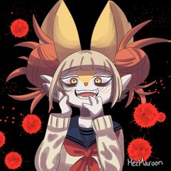  animal_ear_fluff animal_ears artist_name bangs black_background blonde_hair blood blue_sailor_collar blunt_bangs blush boku_no_hero_academia braixen clothed_pokemon cosplay creatures_(company) double_bun eyebrows_visible_through_hair fangs female female flat_chest fox_ears furry game_freak gen_6_pokemon hands_on_own_face hands_up highres jpeg_artifacts looking_at_viewer mezmaroon neckerchief nintendo no_humans open_mouth orange_eyes pokemon pokemon_(creature) red_neckwear sailor_collar school_uniform serafuku short_hair signature simple_background smile solo sweater teeth toga_himiko toga_himiko_(cosplay) upper_body yellow_sweater 