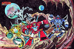  1970s_(style) 1980s_(style) 2014 aquarius_(karmatron) arm_cannon asteroid beam_rifle claws drill energy_gun karmatron_y_los_transformables logo mace marker_(medium) mecha moon official_style oscar_gonzalez_loyo painting_(medium) planet promotional_art retro_artstyle robot rock scan science_fiction signature spiked_mace spikes stalagmite stellaris titan_(karmatron) traditional_media unicorn_(karmatron) watercolor_(medium) watermark weapon 