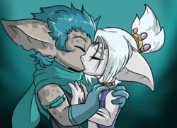  asura blue_eyes blue_hair closed_eyes dhibb duo guild_wars hair hand_on_chest hand_on_shoulder hi_res hug humanoid kiar kissing male male/male romantic romantic_couple scarf twili_z white_hair 