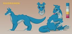  2017 3_toes acidapluvia ambiguous_gender bandai_namco belly blue_body claws color_swatch digimon digimon_(species) digital_drawing_(artwork) digital_media_(artwork) digitigrade dragon english_text fangs feet feral hi_res looking_at_viewer markings model_sheet mythological_creature mythological_scalie mythology open_mouth quadruped raidramon red_eyes reptile scalie sharp_teeth simple_background sitting smile solo standing tail teeth text toe_claws toes tongue tongue_out white_belly 