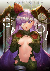  :o bandage_over_one_eye breasts character_name commentary cowboy_shot english_commentary fate/extra fate/extra_ccc fate/extra_ccc_fox_tail fate/grand_order fate_(series) female gao gloves highres horns kingprotea_(fate) kingprotea_(second_ascension)_(fate) long_hair looking_at_viewer medium_breasts miothle moss navel open_mouth photoshop_(medium) purple_eyes purple_hair solo standing 