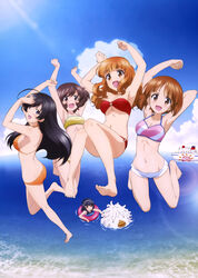  5girls :d absurdres ahoge akiyama_yukari anglerfish araippe arm_behind_head armpits arms_up artist_request bandeau barefoot bikini bikini_shorts black_hair blue_eyes blush breasts brown_eyes brown_hair butt_crack cleavage cloud day fish girls_und_panzer hairband highres innertube isuzu_hana jumping lens_flare long_hair looking_at_viewer mascot medium_breasts midair multiple_girls navel nishizumi_miho o-ring o-ring_bikini o-ring_bottom o-ring_top ocean official_art open_mouth orange_bikini orange_eyes orange_hair outdoors red_bikini reizei_mako scan ship short_hair short_shorts shorts sideboob sky small_breasts smile swim_ring swimsuit takebe_saori underboob water watercraft yellow_bikini 