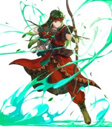  armor arrow_(projectile) belt boots bow_(weapon) brown_footwear female fingerless_gloves fire_emblem fire_emblem:_the_binding_blade fire_emblem_heroes full_body gloves green_eyes green_hair headband highres holding holding_bow_(weapon) holding_weapon leaf leg_up long_hair mayo_(becky2006) official_art pants quiver short_sleeves shoulder_armor solo sue_(fire_emblem) transparent_background weapon 