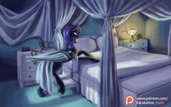  16:10 alicorn bed bedroom black_horse equid equine fan_character female feral furniture hair hasbro hooves horn horse kirillk mammal my_little_pony mythological_creature mythological_equine mythology nightwear nyx_(mlp) past_sins_(fanfic) pony pupils purple_hair seductive slit_pupils solo text url widescreen wings 