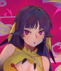  animal_ears bare_shoulders breasts buttons cleavage_cutout close-up clothing_cutout commentary_request commission cropped female godsh0t heart heart-shaped_pupils highres large_breasts long_hair looking_at_viewer lying mimikyu on_side parted_lips personification photoshop_(medium) pink_background pokemon purple_eyes purple_hair shirt solo sweat symbol-shaped_pupils yellow_shirt 