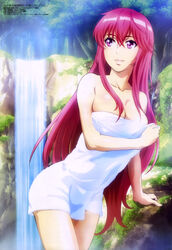  absurdres arm_support bare_shoulders breasts cleavage collarbone crossed_bangs day female fingernails hair_between_eyes highres large_breasts long_hair magazine_scan megami_magazine mutou_nobuhiro naked_towel nature official_art outdoors pink_eyes pink_hair pink_lips scan smile solo standing sunlight tenkyou_no_alderamin towel tree water waterfall yatorishino_xam 