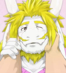  ambiguous_gender anthro asgore_dreemurr beard bird&#039;s-eye_view blonde_hair boss_monster_(undertale) bovid caprine debirobu disembodied_hand duo face_grab facial_hair fangs first_person_view front_view fur hair high-angle_view horn human human_on_anthro interspecies long_ears looking_at_another looking_at_partner love male male/ambiguous male_focus mammal mature_anthro mature_male one_eye_closed pink_background simple_background smile solo_focus teeth undertale undertale_(series) white_body white_fur wink wrist_grab 