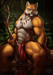  2016 abs absurd_res anthro arm_support biceps big_muscles biped black_nose bottomwear brown_nose canid canine clothed clothing collar detailed digital_media_(artwork) ear_piercing forest fox fur hanukami hi_res holding_object huge_muscles jungle loincloth looking_away male mammal multicolored_body multicolored_fur muscular muscular_anthro muscular_male navel nipples nude orange_body orange_fur outside pecs piercing plant red_eyes relaxing sitting solo topless tree two_tone_body two_tone_fur vein water white_body white_fur 