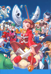  4girls 6+boys amingo anakaris apron bare_shoulders beard blonde_hair blue_background bo_staff breasts brown_hair bulleta capcom captain_commando captain_commando_(character) circlet cleavage closed_mouth cloud collarbone commentary_request company_connection crossed_arms cyberbots dog_tags dougi facial_hair flattop forehead_protector frilled_apron frills green_hair green_tank_top guile hand_on_another&#039;s_shoulder hands_on_own_hips hat head_wings holding holding_staff hood hood_up kanzaki_hayato_(star_gladiator) long_hair long_sleeves looking_at_viewer marvel_vs._capcom marvel_vs._capcom_2 mask medium_breasts mohawk morrigan_aensland mouth_mask multiple_boys multiple_girls ninja_mask official_art one_eye_closed open_mouth pantyhose ruby_heart ryu_(street_fighter) saotome_jin short_hair sombrero sonson staff star_(symbol) star_gladiator street_fighter strider_(video_game) strider_hiryuu sun_wukong sunglasses tank_top teeth upper_teeth_only vampire_(game) white_apron wings yoshizaki_mine zangief 