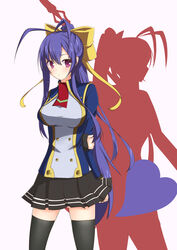  2girls antenna_hair arms_behind_back black_legwear blazblue blazblue_remix_heart blazblue_variable_heart blue_hair blush bow breasts commentary_request hairbow heart highres kurotsubaki9628 large_breasts long_hair mai_natsume multiple_girls outseal polearm ponytail ribbon school_uniform sidelocks silhouette simple_background smile spear standing thighhighs time_paradox very_long_hair weapon yellow_bow 