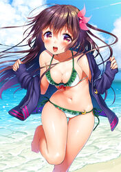  adapted_costume ass_visible_through_thighs barefoot bikini blue_sky blush breasts brown_eyes brown_hair cleavage cloud commentary_request crescent crescent_pin day female frilled_bikini frills hair_between_eyes hair_ornament hip_focus jacket kantai_collection kisaragi_(kancolle) kisaragi_kai_ni_(kancolle) leaning_forward leg_up long_hair looking_at_viewer medium_breasts minami_(apricot_tea) navel ocean off_shoulder open_mouth outdoors running shiny_skin side-tie_bikini_bottom sky smile solo stomach swimsuit teeth thigh_gap thighs upper_teeth_only water white_bikini 