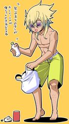  1boy bare_pectorals barefoot blonde_hair charaleet_(precure) closed_eyes commentary_request hugtto!_precure katana_(life_is_beautiful) leg_hair male_focus male_swimwear no_nipples pectorals picking_trash precure sandals simple_background smile solo sunglasses swim_trunks tan translated yellow_background 