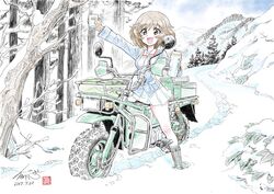  akiyama_yukari arm_up artist_name black_footwear black_socks blue_jacket blue_sky boots brown_eyes brown_gloves brown_hair cloud cloudy_sky colored_pencil_(medium) commentary cup dated day female girls_und_panzer gloves highres holding honda honda_motra jacket kubota_shinji logo long_sleeves messy_hair military military_uniform miniskirt motor_vehicle motorcycle mountain on_motorcycle ooarai_military_uniform outdoors pleated_skirt riding shirt short_hair signature skirt sky snow socks solo standing steam traditional_media trail tree uniform watermark white_skirt winter zipper 