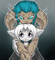  asura blue_eyes blue_hair dhibb duo electricity female guild_wars hair hand_on_arm hug humanoid kiar lightning male purple_eyes romantic romantic_couple threatening twili_z white_hair 