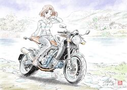  ankle_boots arm_support artist_name azumi_(girls_und_panzer) black_pants blue_eyes blue_sky boots brown_footwear brown_hair casual closed_mouth cloud cloudy_sky colored_pencil_(medium) commentary_request dated day denim female girls_und_panzer hair_intakes hand_in_own_hair highres jacket jeans kubota_shinji lake looking_at_viewer midual_type_1 motor_vehicle motorcycle mountain on_motorcycle one_eye_closed outdoors pants riding short_hair signature sitting sky smile solo traditional_media tree watermark white_jacket 