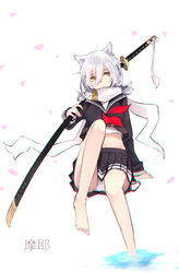  animal_ears arm_behind_back arm_support azur_lane bare_legs barefoot blue_serafuku blue_skirt chinese_commentary chromatic_aberration commentary_request female highres holding holding_sword holding_weapon katana knee_up kojiri long_sleeves looking_away maya_(azur_lane) midriff neckerchief orange_eyes panties pantyshot photoshop_(medium) pleated_skirt red_neckerchief saya_(scabbard) scarf school_uniform serafuku shiliuye_feiyu sitting skirt sleeves_past_wrists solo sword tassel tsuba_(guard) tsuka-ito tsuka_(handle) underwear weapon white_hair white_scarf 