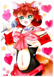  animal_ears artist_request bowtie brown_hair female green_eyes heart highres koto_(yuu_yuu_hakusho) midriff navel oerba_yun_fang tail whiskers yuu_yuu_hakusho 