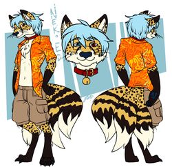  anthro bell blue_hair canid canine character_name cheetah clothed clothing collar digitigrade eevachu eyewear felid feline fox fur glasses hair heterochromia hi_res hybrid male mammal model_sheet multi_tail neko_ed solo tail text 