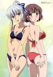  2girls :d absurdres ass bare_legs bare_shoulders bikini blue_bikini blue_eyes bluesy_fluesy blush bow breasts brown_hair chestnut_mouth cleavage collarbone eyes_visible_through_hair fingernails green_eyes grey_hair hair_between_eyes hairbow hand_on_own_ass hand_on_own_thigh hasegawa_shin&#039;ya highres ichinose_touko large_breasts looking_at_viewer looking_back magazine_scan megami_magazine multiple_girls nail_polish navel non-web_source official_art open_mouth parted_lips pink_nails ponytail red_bikini scan short_hair skindentation small_breasts smile strapless strapless_bikini striped striped_bow swimsuit taboo_tattoo tongue 