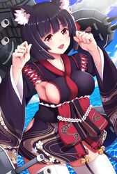  :d ako_suke animal_ear_fluff animal_ears azur_lane bell black_hair black_kimono blue_sky blunt_bangs bob_cut breasts cat_ears cloud commentary_request cowboy_shot day female hands_up japanese_clothes jingle_bell kimono legs_apart long_sleeves medium_breasts ocean oerba_yun_fang open_mouth outdoors red_eyes rigging short_hair short_kimono sideboob sideless_kimono sky smile solo thighhighs turret water white_thighhighs yamashiro_(azur_lane) zettai_ryouiki 