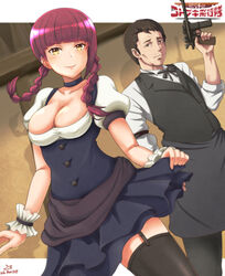  1boy bartender black_legwear black_pants black_skirt black_vest blunt_bangs braid breasts brown_eyes brown_hair cleavage commentary_request copyright_name dated female garter_straps gun holding holding_gun holding_weapon indoors johnny_(kouya_no_kotobuki_hikoutai) kouya_no_kotobuki_hikoutai large_breasts logo long_sleeves looking_at_viewer pants pink_hair ririko_(kouya_no_kotobuki_hikoutai) samenoido shadow short_sleeves skirt skirt_hold smile standing thighhighs twin_braids vest weapon 