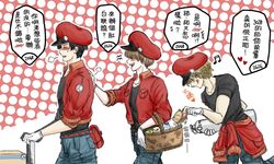  3boys apple basket black_hair black_shirt blonde_hair blush bottle brown_hair cabbie_hat canister cart chinese_commentary chinese_text clothes_around_waist commentary_request denim food fruit gas_cylinder gloves hair_over_eyes hat hataraku_saibou jacket jacket_around_waist jeans licking_lips lucylusstories male_focus multiple_boys package pants red_blood_cell_(hataraku_saibou) red_hat red_jacket role_reversal sandwich shirt submarine_sandwich t-shirt tongue tongue_out translated u-2048 u-2626 u-4989 walking water_bottle white_gloves 