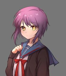  blue_sailor_collar brown_cardigan cardigan closed_mouth commentary_request echu expressionless female grey_background hair_between_eyes hand_up kita_high_school_uniform long_sleeves looking_at_viewer nagato_yuki neck_ribbon open_cardigan open_clothes purple_hair red_ribbon ribbon sailor_collar school_uniform serafuku short_hair sidelocks simple_background solo suzumiya_haruhi_no_yuuutsu upper_body winter_uniform yellow_eyes 