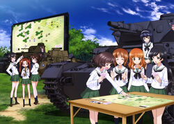  6+girls absurdres akiyama_yukari black_eyes black_hair brown_eyes brown_hair card caterpillar_tracks closed_eyes cloud collarbone day eating girls_und_panzer glasses green_skirt hairband hand_on_own_hip high_ponytail highres index_finger_raised isuzu_hana kadotani_anzu kawashima_momo koyama_yuzu m3_lee map military military_vehicle monocle motor_vehicle multiple_girls nishizumi_miho official_art ooarai_school_uniform orange_hair outdoors panzer_iv pleated_skirt reizei_mako school_uniform serafuku shirt sitting skirt sky standing takebe_saori tank tree twintails type_89_i-gou white_hairband white_shirt 