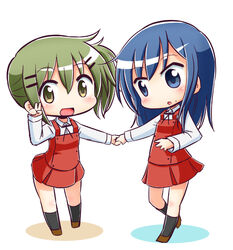  2girls :d :o black_legwear black_ribbon blue_eyes blue_hair blush brown_footwear chibi collared_shirt colored_shadow commentary_request green_eyes green_hair hair_between_eyes hair_ornament hairclip hand_up hidamari_sketch holding_hands kneehighs long_hair long_sleeves mami_(hidamari_sketch) mole multiple_girls naga_u nakayama_(hidamari_sketch) neck_ribbon open_mouth parted_lips pleated_skirt red_skirt red_vest ribbon school_uniform shadow shirt side_ponytail sidelocks skirt sleeves_past_wrists smile socks standing standing_on_one_leg v vest white_background white_shirt 